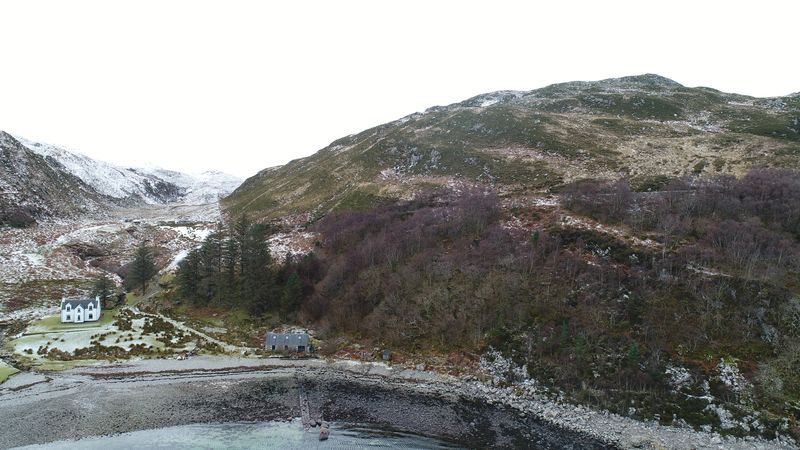 Heather hillside above the shore with a cottage below